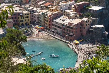  panoramic view to Vernazza town,  one of Cinque Terre, and its bay harbor, on a sunny summer day © Indre