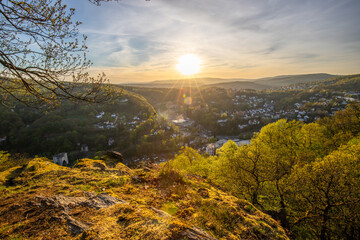 Landscape at sunrise. Beautiful morning environment with fresh greenery in spring. A small place in the middle of nature. taken from a small mountain, Taunus, Hesse, Germany - obrazy, fototapety, plakaty