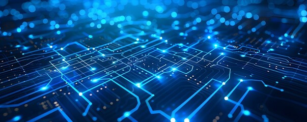 Digital futuristic technology abstract banner background illuminated by vibrant neon lights, forming a dynamic and interconnected network of systems	
