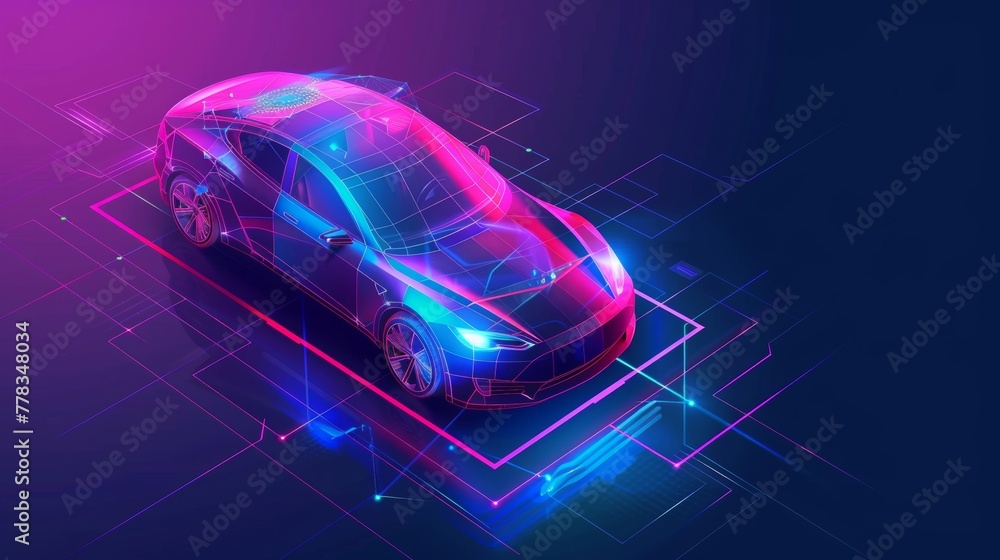 Poster An isometric 3D image of a smart or intelligent car with AI hud. Modern illustration of driverless cars working in various modes.