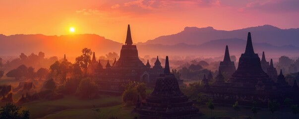 Ancient temple at sunrise, historys first light