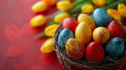 Fototapeta premium Easter background, Easter basket with colorful easter eggs and tulips, high resolution graphic source, 16:9, 1920*1080