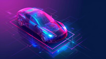An isometric 3D image of a smart or intelligent car with AI hud. Modern illustration of driverless cars working in various modes.