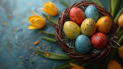 Easter background, Easter basket with colorful easter eggs and tulips, high resolution graphic source, 16:9, 1920*1080
