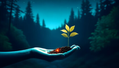 Save earth day concept holding a seedling in their hand with a vast thriving forest 1