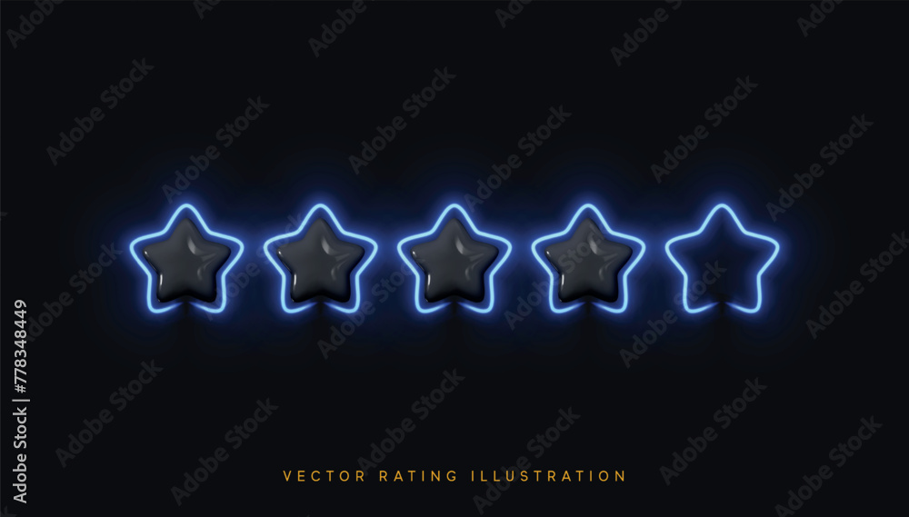 Poster five stars, glossy black and blue colors. customer rating feedback concept from the client about emp