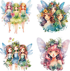 Cute fairies watercolor vector illustration
