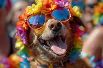 Happy Dog with Sunglasses Celebrating at LGBT Pride Parade Celebration with Rainbow Flags