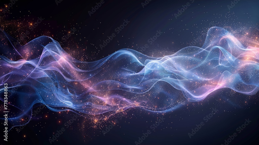 Aufkleber An abstract motion background with a neon effect. Shimmering waves with light effect isolated on a transparent background. Old dust trails glittering in the background. Magic lines at the bottom.