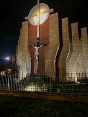 Parish of the Most Holy Body and Blood of Christ in Czestochowa, Poland. View of the church from the outside at night. 