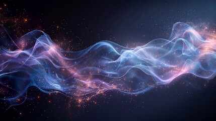 An abstract motion background with a neon effect. Shimmering waves with light effect isolated on a transparent background. Old dust trails glittering in the background. Magic lines at the bottom.