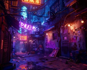 Cyberpunk alleyway, neon rebellion