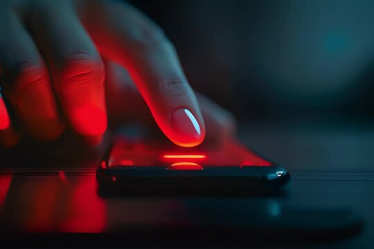Close-up of a hand pressing a red alert button on a phone's touchscreen during an emergency situation
