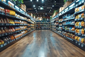 Empty supermarket, blurred background and abstract light - obrazy, fototapety, plakaty