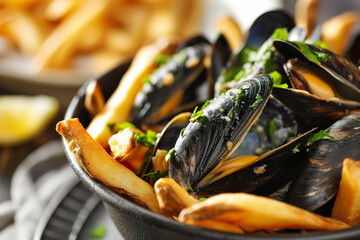 Freshly prepared moules frites with french fries in black serving bowl