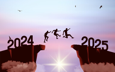 Silhouette of mens jumping from a cliff over a cliff with sunlight. Sunset sky with clouds and flying birds. Leap concept in 2025. concept jump 2024 into the New Year 2025. Vector business concept. - obrazy, fototapety, plakaty