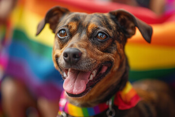 Happy Dog Celebrating at LGBT Pride Parade Celebration with Rainbow Flags