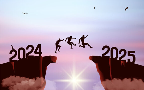 Silhouette of mens jumping from a cliff over a cliff with sunlight. Sunset sky with clouds and flying birds. Leap concept in 2025. concept jump 2024 into the New Year 2025. Vector business concept.