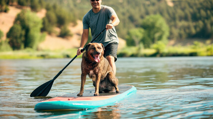 A dog and its owner paddle on a stand-up paddleboard, capturing the joy of shared adventures and pet-friendly water sports.
