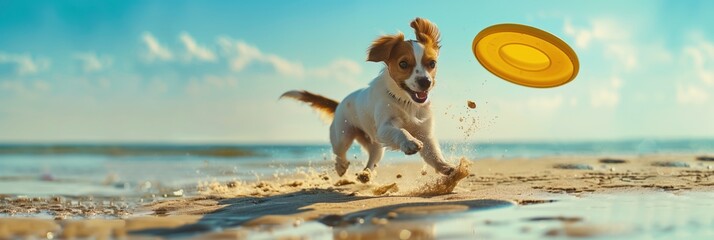 A dog chases a frisbee on a sunny beach, ideal for showcasing pet-friendly vacation spots or active beachside fun with pets