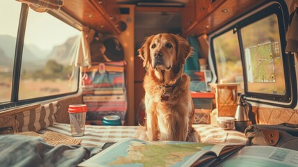 A dog inside a vintage camper van with a map signals adventure and relaxation, suitable for use in promoting road trip guides or services for pet-friendly vacation planning. - obrazy, fototapety, plakaty