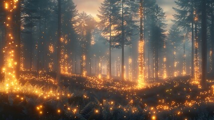 A conceptual image depicting a forest of genetically engineered trees with glowing leaves, powered by integrated bioluminescent and photovoltaic cells.