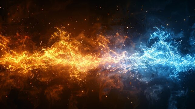 Blue vs yellow lightning thunderbolts, glowing electric shock effect, light flash. Power battle with impulse waves. Modern illustration.