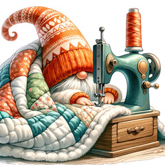 Cute gnome sewing a quilt. Transparent background.