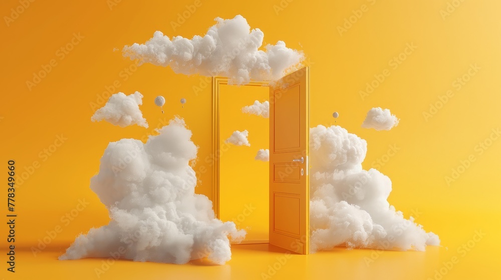 Aufkleber rendering with white clouds flying out and flying through the open door, objects isolated on bright 
