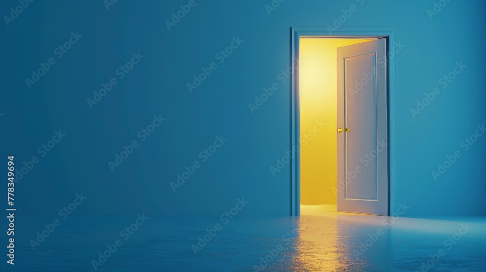 Poster An open door with yellow light inside is illuminated on a blue background in this 3D render. Modern minimal concept. Opportunity metaphor.