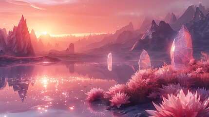 A dreamscape that merges virtual reality with digital abstraction, featuring floating geometric shapes, wireframe landscapes, and digital flora against a surreal, gradient sky.