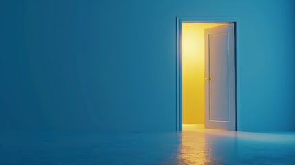 An open door with yellow light inside is illuminated on a blue background in this 3D render. Modern minimal concept. Opportunity metaphor.