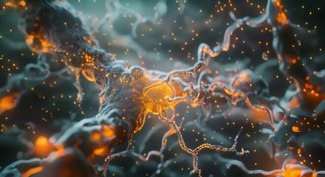 Close-up of a eukaryotic neuron cell, with detailed visualization of dendrites and axon terminals