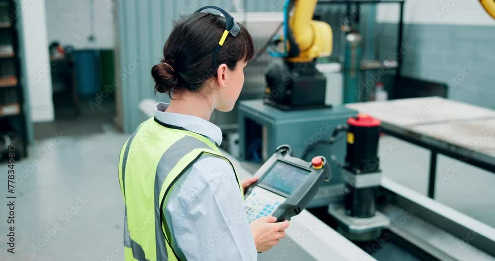Fototapete woman, tablet and engineer with machine for production, industry 4.0 with robot arm and software for