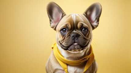 A studio photo of a French Bulldog wearing a yellow bow tie