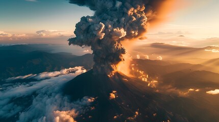 An ominous volcanic eruption. Natural disaster. - obrazy, fototapety, plakaty