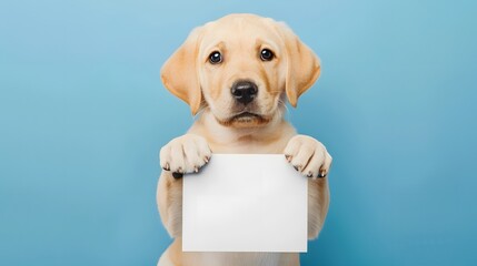 A cute dog holding a white blank paper or placard, isolated on blue background - obrazy, fototapety, plakaty