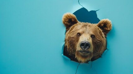 Mysterious grizzly bear peeking through a tattered blue paper, showing curiosity - obrazy, fototapety, plakaty