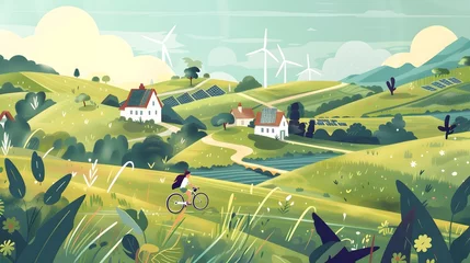Fotobehang Green energy banner design with wind turbines and solar panels on landscape and cityscape background. Renewable solar and wind energy sources. Vector flat illustration, place for text  © Philip