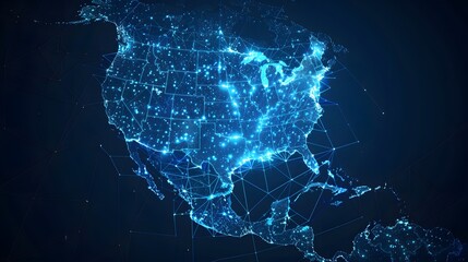 Abstract digital blue outline of North America on a dark background.