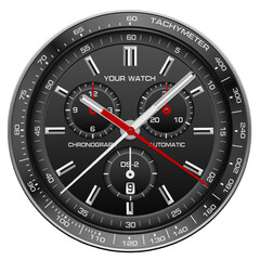 Realistic watch clock dashboard black face silver red arrow white number on isolated design classic luxury fashion for men vector - 778349856