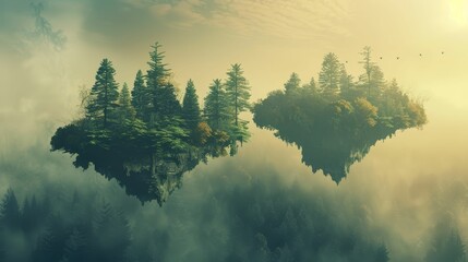 Mystical forest with floating islands, nature defies gravity