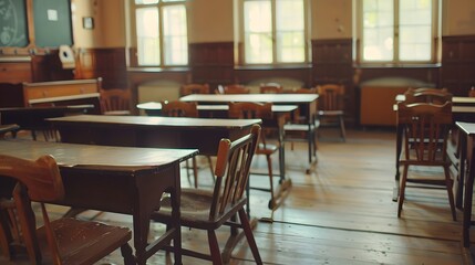 Empty Classroom. Back to school concept in high school. Classroom Interior Vintage Wooden Lecture Wooden Chairs and Desks. Studying lessons in secondary education. generative ai