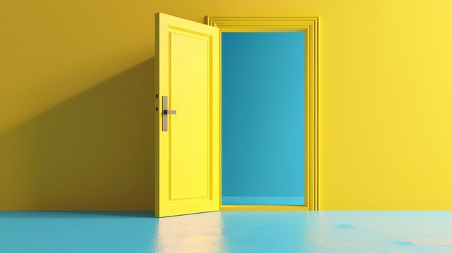 In this 3D render, yellow blue background with an open door is part of the interior design element of the room. A modern minimalist concept representing opportunity.