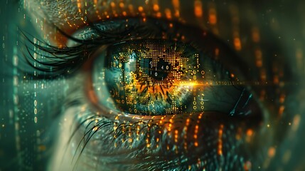 A futuristic depiction of a human eye, where the iris is composed of digital pixels and binary codes, reflecting a digital landscape within.