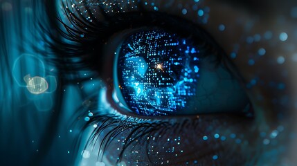A futuristic depiction of a human eye, where the iris is composed of digital pixels and binary codes, reflecting a digital landscape within.