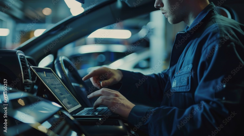 Poster auto mechanic using tablet computer to run diagnostics software while seated in car and working on l