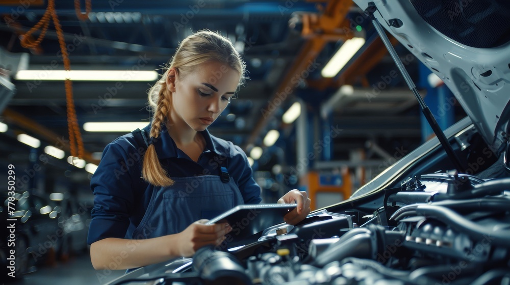 Poster an augmented reality diagnostics tablet is used by a female mechanic in order to detect faulty compo