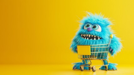 Fototapeta premium An isolated yellow background shows a funny yeti cartoon character sitting inside a shopping cart, enjoying a hairy blue monster toy. This commercial clip art represents the concept of a sale.