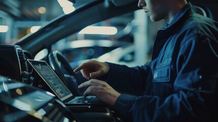 Auto mechanic using tablet computer to run diagnostics software while seated in car and working on laptop while doing vehicle diagnostic tests. The mechanic is performing a diagnostic test on the